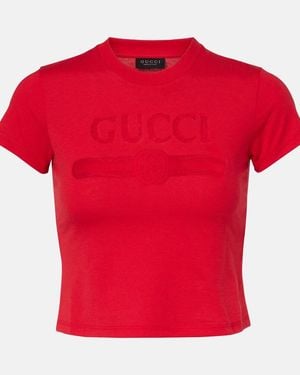 Gucci Logo Cropped Cotton-Blend Jersey T-Shirt - Red