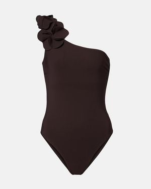 Karla Colletto Tess One-Shoulder Floral-Applique Swimsuit - Brown