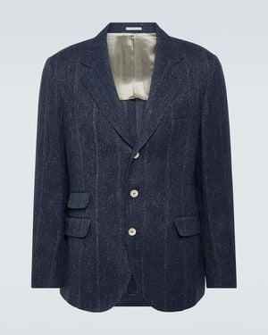 Brunello Cucinelli Striped Linen, Silk And Wool Blazer - Blue