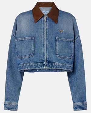 Prada Leather-Trimmed Cropped Denim Jacket - Blue