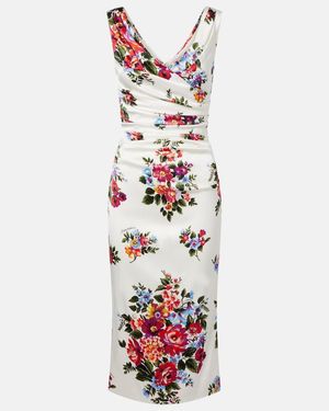 Dolce & Gabbana Draped Floral Satin Midi Dress - White