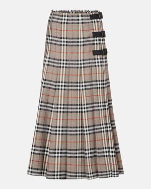 Burberry Check Wool Midi Skirt - Natural