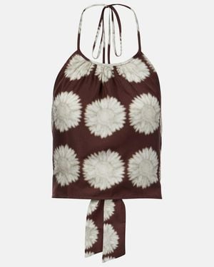 Asceno Bello Printed Halterneck Silk Top - Brown