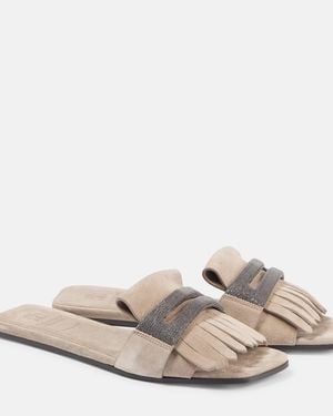 Brunello Cucinelli Fringed Suede Slippers - Natural