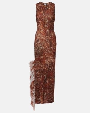 Loewe Feather-Trimmed Printed Maxi Dress - Brown