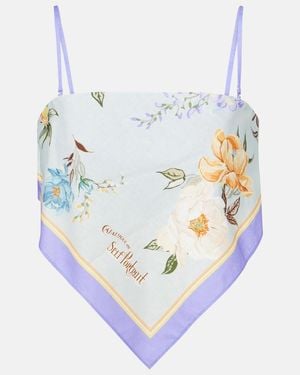 Self-Portrait Floral Linen And Cotton Crop Top - Blue