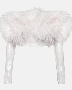 David Koma Sequined Feather-Trimmed Crop Top - White