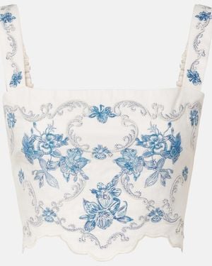 Agua Bendita Luciana Gloriosa Embroidered Linen Crop Top - Blue