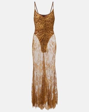 JACQUES WEI Silk-Trimmed Lace Maxi Dress - Brown