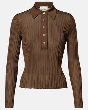 KHAITE Vin Ribbed-Knit Sheer Polo Shirt - Brown