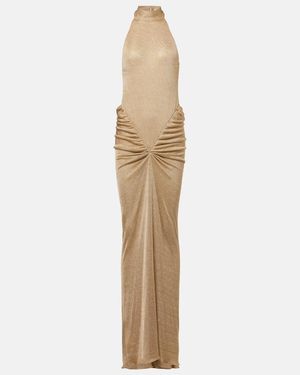 The New Arrivals Ilkyaz Ozel Cass Ruched Halterneck Lame Gown - Natural