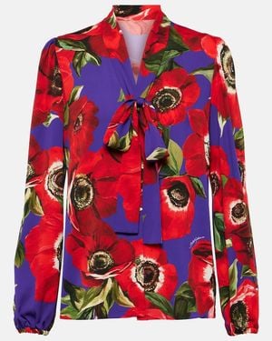 Dolce & Gabbana Tie-Neck Floral Silk-Blend Blouse - Red
