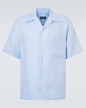ZEGNA Linen Bowling Shirt - Blue