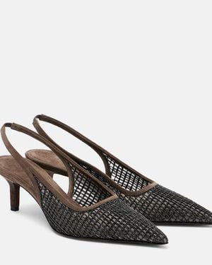 Brunello Cucinelli Monili 55 Suede-Trimmed Slingback Court Shoes - Brown