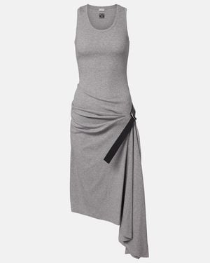 Loewe Belted Ribbed-Knit Draped Cotton-Blend Midi Dress - Grey