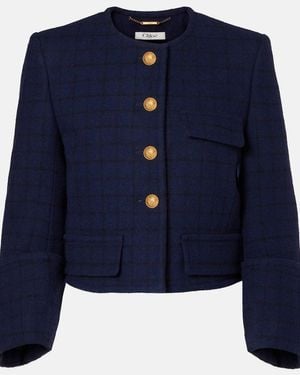 Chloé Checked Cropped Wool-Blend Jacket - Blue
