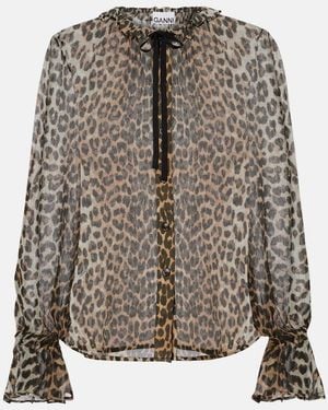 Ganni Leopard-Print Tie-Neck Chiffon Blouse - Brown
