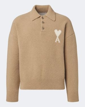 Ami Paris Ami De Coeur Alpaca And Wool-Blend Polo Sweater - Natural