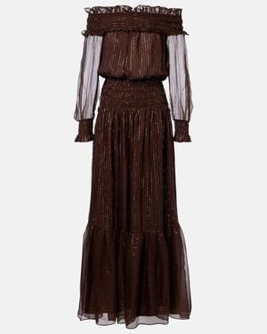 Self-Portrait Shirred Silk-Blend Georgette Maxi Dress - Brown