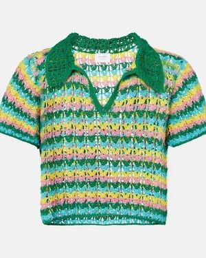Anna Kosturova Striped Crochet Cotton Polo Shirt - Green