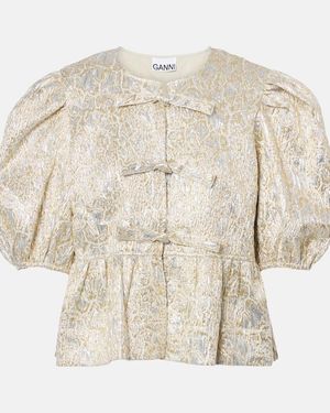 Ganni Puff-Sleeve Brocade Top - Natural