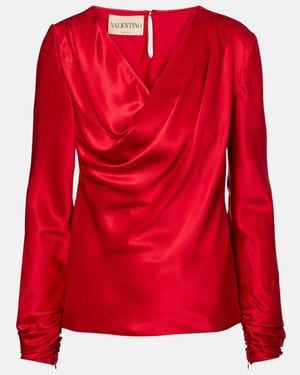 Valentino Draped Silk Satin Top - Red