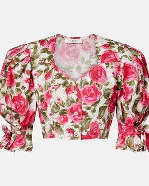 Chloé Floral Cropped Puff-Sleeve Cotton Blouse - Red