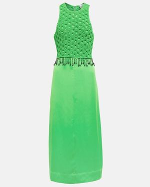 Ganni Smocked Satin Maxi Dress - Green
