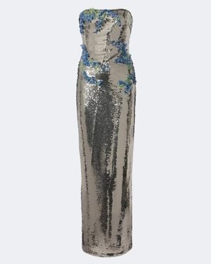 Monique Lhuillier Floral-Applique Sequined Bustier Gown - Metallic