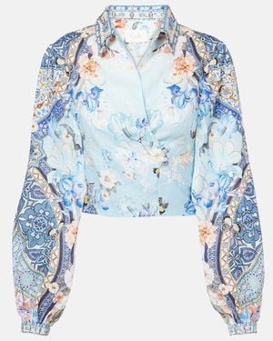 CAMILLA Floral Cropped Linen Wrap Top - Blue