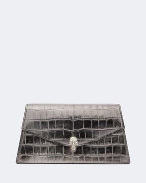 McQueen Skull Mini Croc-Effect Leather Clutch - Grey