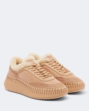Chloé Nama Shearling-Lined Suede Platform Sneakers - Natural