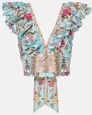 CAMILLA Embellished Floral Cotton Poplin Crop Top - Blue