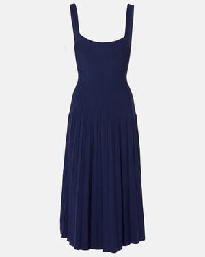 STAUD Ellison Pleated Compact-Knit Midi Dress - Blue