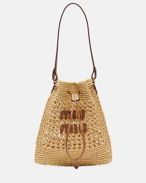 Miu Miu Logo Leather-Trimmed Raffia Bucket Bag - Metallic