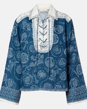 ALÉMAIS Lucky Printed Linen Blouse - Blue