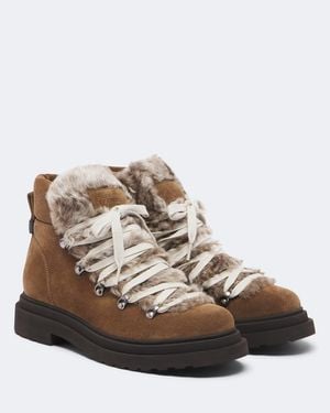 Brunello Cucinelli Monili Shearling-Trimmed Suede Lace-Up Boots - Brown