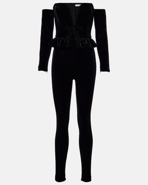 Alessandra Rich Bow-Detail Ruffled Off-Shoulder Velvet Jumpsuit - Black