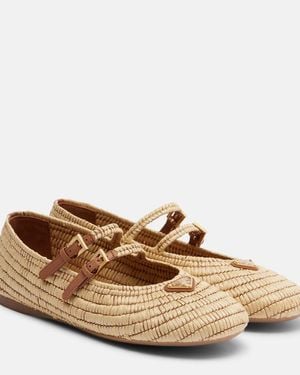 Prada Crochet Leather-Trimmed Mary Jane Flats - Brown