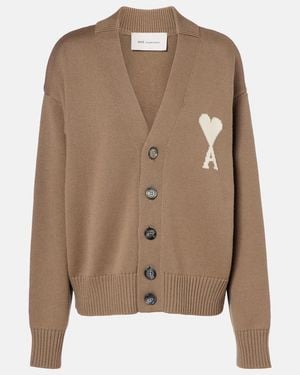 Ami Paris Ami De Cour Wool And Cotton Cardigan - Brown