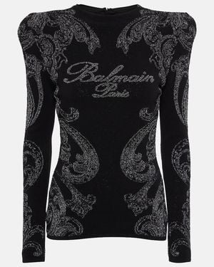 Balmain Logo Paisley Cotton-Blend Jersey Top - Black