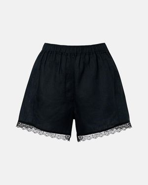 Ganni Shorts De Lino Con Encaje - Negro