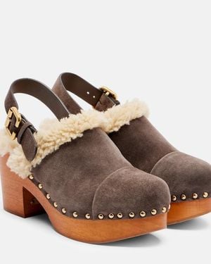 Chloé Jeanette Suede Shearling-Lined Clogs - Brown