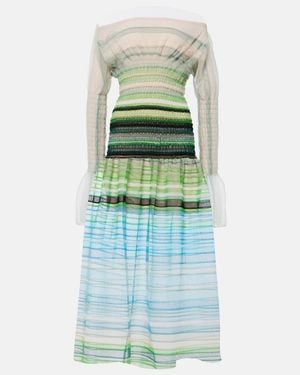 SUSAN FANG Striped Smocked Midi Dress - Green