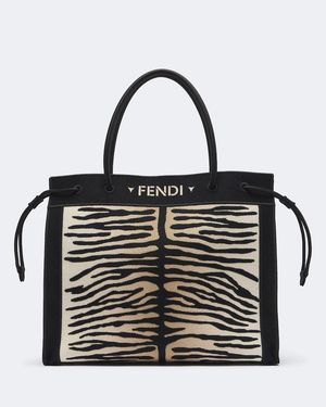 Fendi Medium Embroidered Tiger-Print Shopper - Black