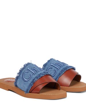Chloé Pantoletten Woody aus Denim und Leder - Blau