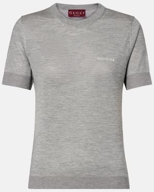 Gucci Logo Knitted Cashmere And Silk T-Shirt - Gray