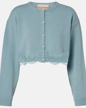 Valentino Cropped-Cardigan Aus Schurwolle Mit Spitze - Blau
