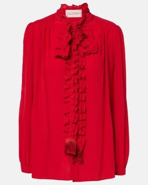 Valentino Ruffled Silk Crepe De Chine Blouse - Red