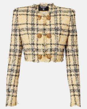 Balmain Checked Tweed Cropped Jacket - Yellow